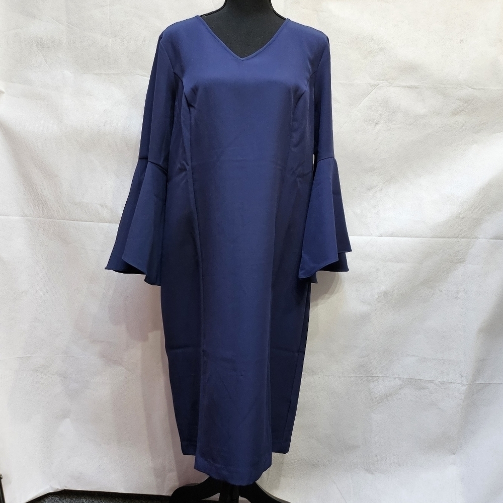 Belle by Kim Gravel Navy Blue Bell Sleeve V-neck Shift Dress Size S